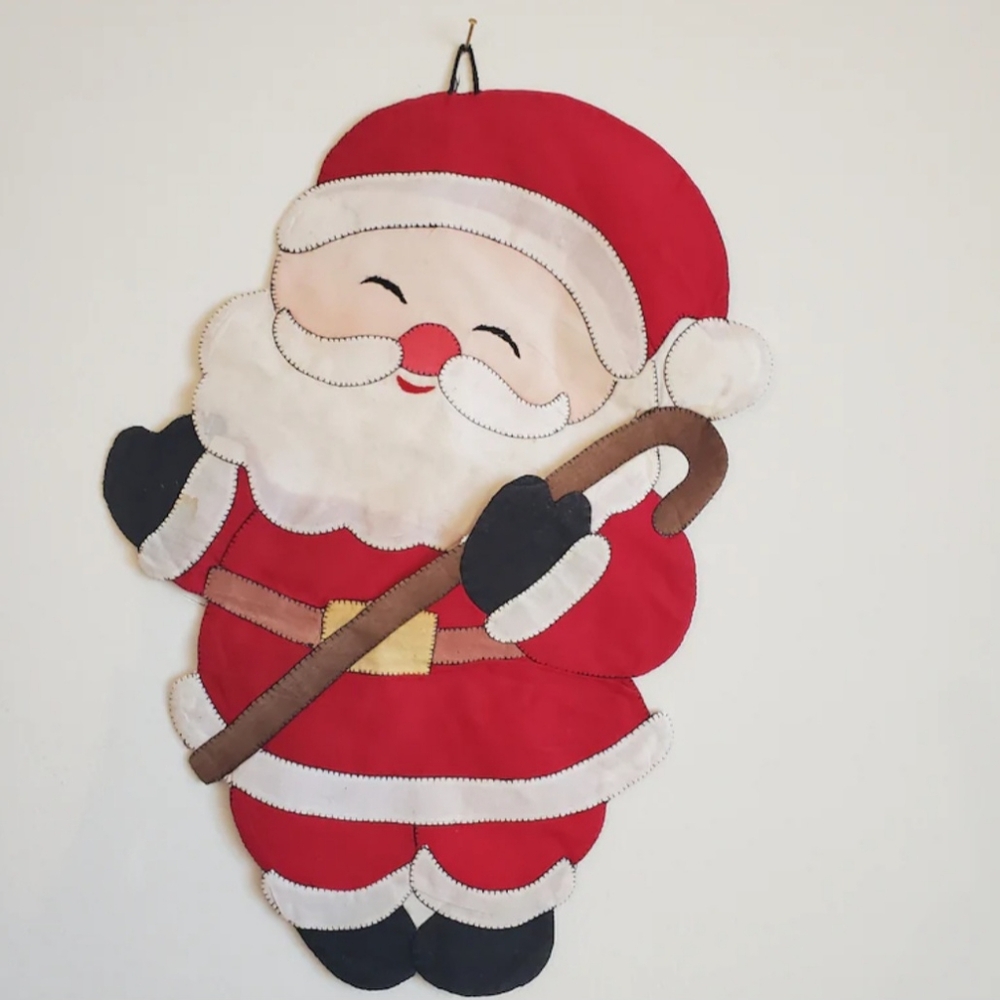 Santa Claus wall hanging card holder stocking pocket embroidered Retro linen